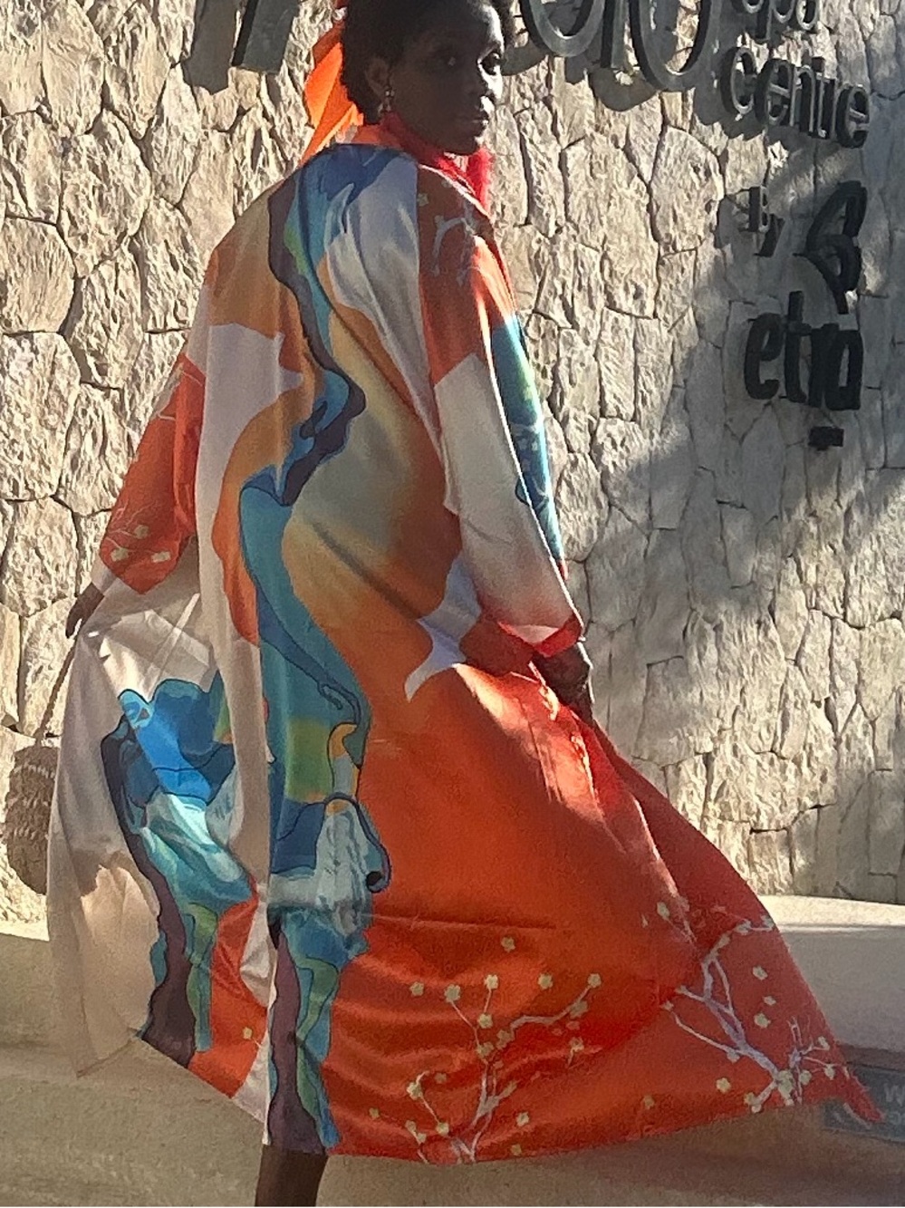 Asian Vibrant Abstract Satin Duster in Orange & Blue